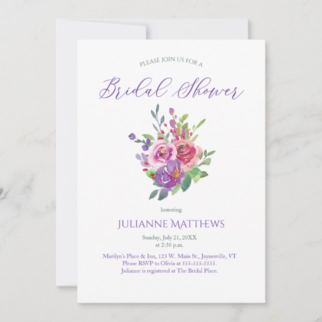 Invitación Morado acuarela Floral Bouquet Bridal Ducha (Anverso)