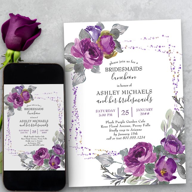 Invitación Morado acuarela Floral Bridesmaids Luncheon (Purple floral bridesmaids luncheon invitation from my Plush Purple Wedding Collection)