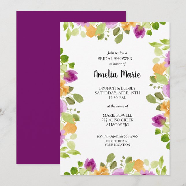 Invitación Morado acuarela Floral Brigada (Anverso / Reverso)