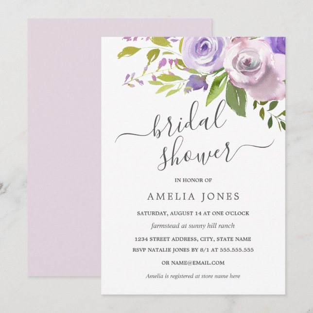 Invitación Morado acuarela Floral Brigada (Anverso / Reverso)