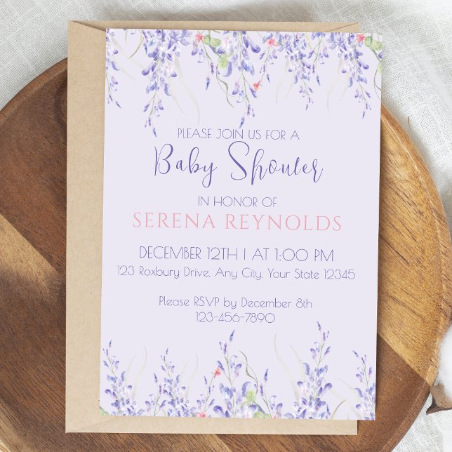 Invitación Morado acuarela Floral Cute Baby Shower (Subido por el creador)