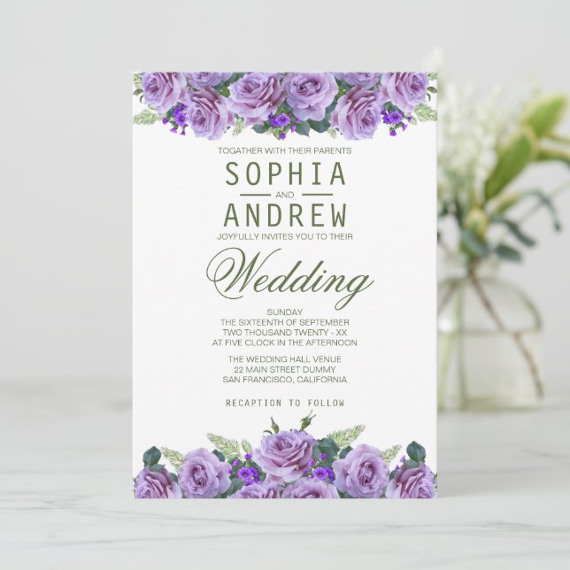 Invitación Morado acuarela Floral Elegante Boda (Anverso de pie)
