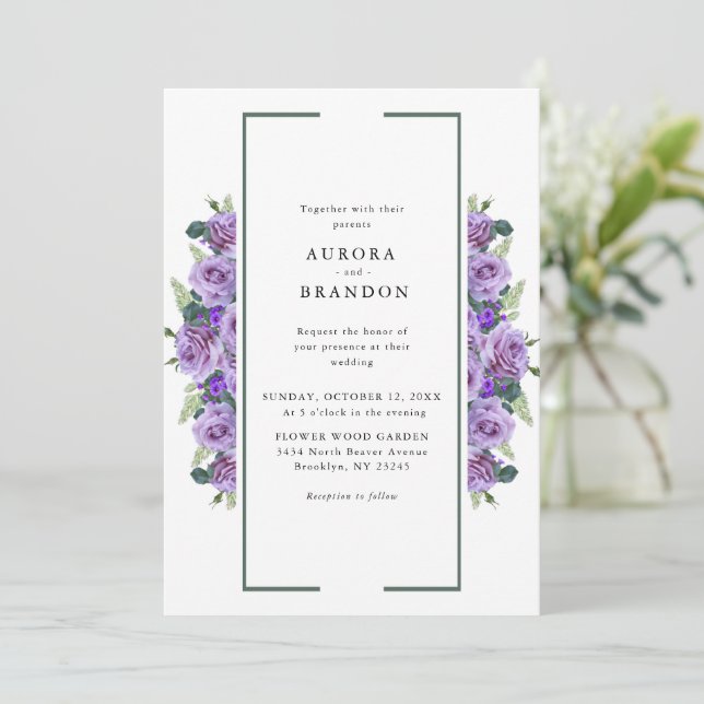 Invitación Morado acuarela Floral Elegante Boda (Anverso de pie)