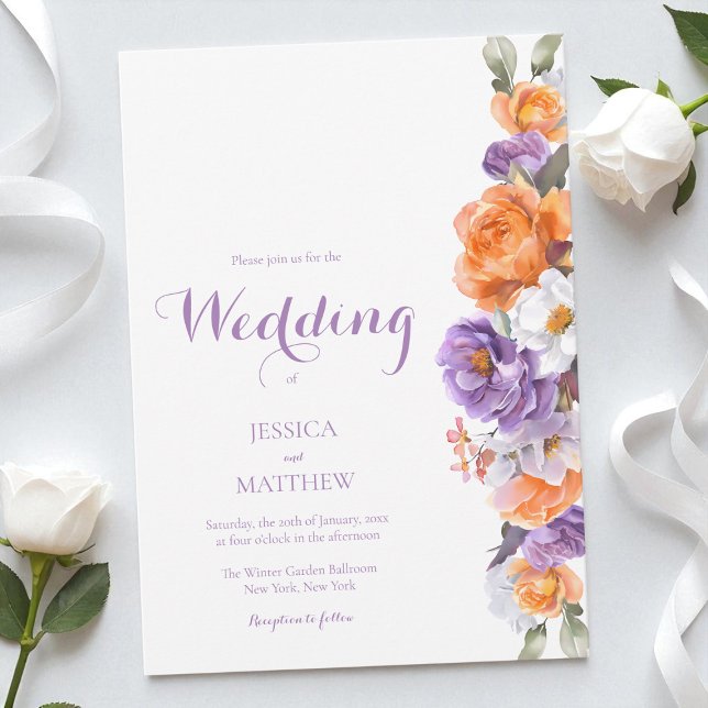 Invitación Morado acuarela Floral Elegante Boda de flores (Purple Watercolor Floral Elegant Flowers Wedding Invitation)