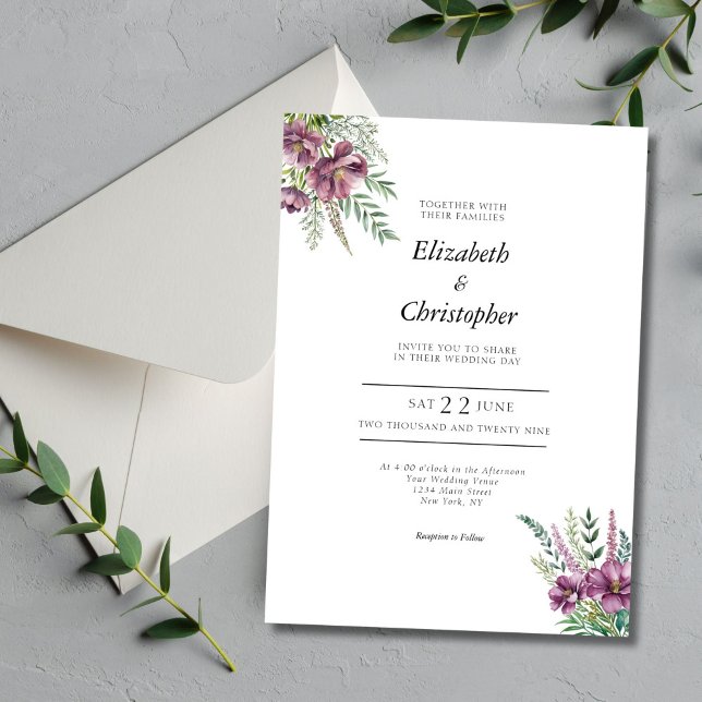 Invitación Morado acuarela Floral Elegante Boda moderno (Purple Floral Watercolor Modern Elegant Wedding Invitation)