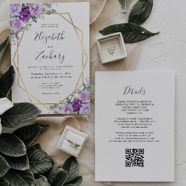 Invitación Morado acuarela Floral Gold Boda de código QR