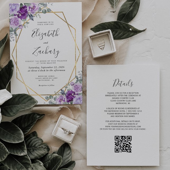 Invitación Morado acuarela Floral Gold Boda de código QR (Subido por el creador)