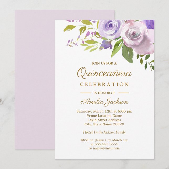 Invitación Morado acuarela Floral Quinceanera (Anverso / Reverso)
