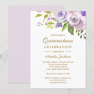 Invitación Morado acuarela Floral Quinceanera