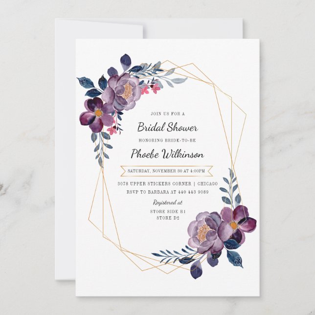 Invitación Morado acuarela Floral Rubor Bridal Shower (Anverso)