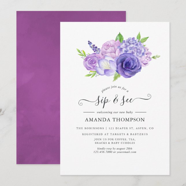 Invitación Morado acuarela Floral Sip y ver (Anverso / Reverso)