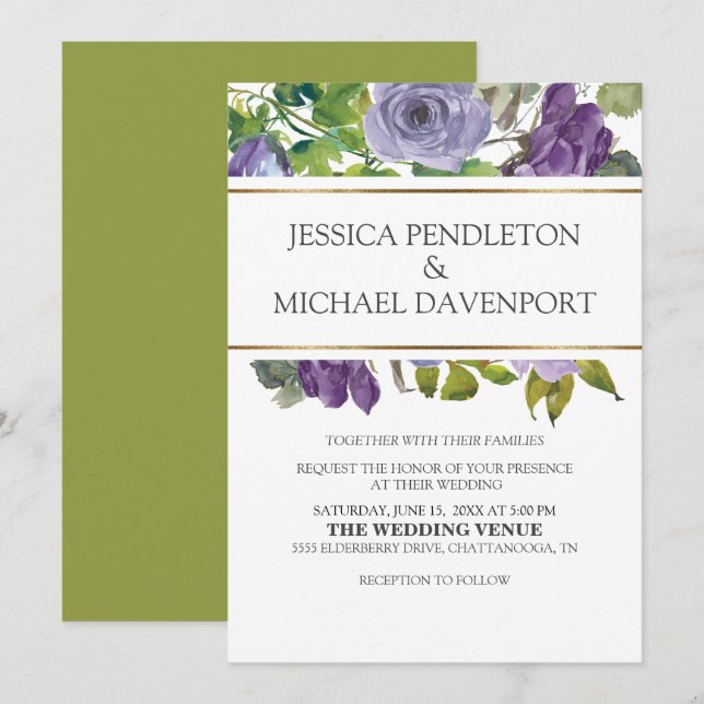 Invitación Morado acuarela Floral Verde Vines Oro Boda (Anverso / Reverso)