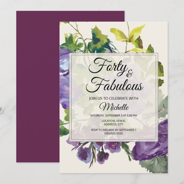 Invitación Morado acuarela Floral Vinas 40 cumpleaños (Anverso / Reverso)