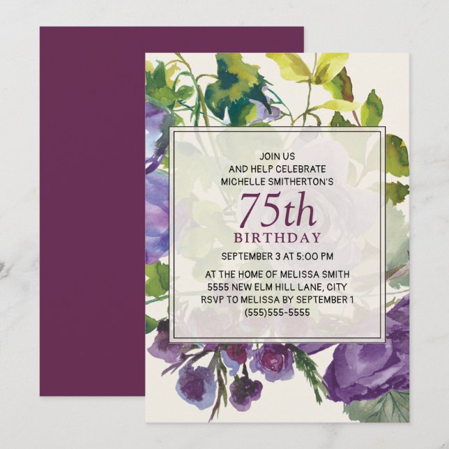 Invitación Morado acuarela Floral Vinas 75 cumpleaños (Anverso / Reverso)