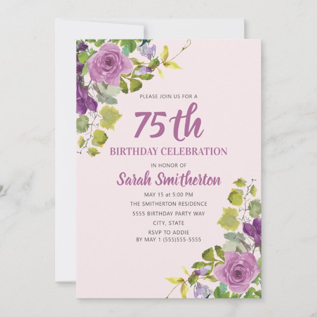 Invitación Morado acuarela Floral Vinos Verdes 75 cumpleaños (Anverso)