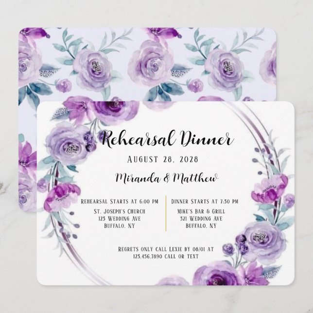 Invitación Morado acuarela Floral Wreath ensayo Cena (Anverso / Reverso)