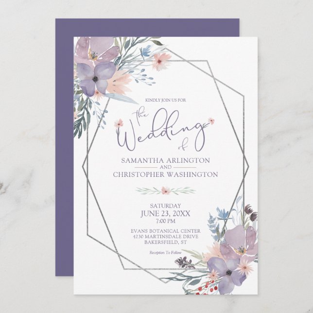 Invitación Morado acuarela Flores silvestres Boda geométrico (Anverso / Reverso)