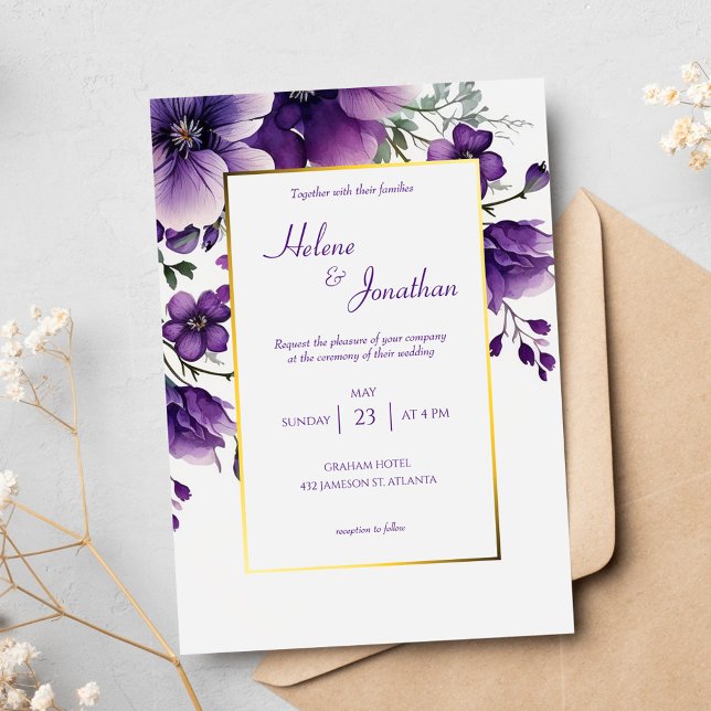 Invitación Morado acuarela Jardín Floral Elegante Boda (Purple Watercolor Floral Garden Elegant Wedding Invitation)