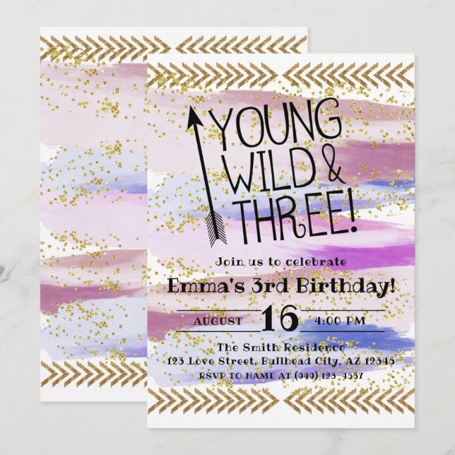 Invitación Morado acuarela joven silvestre y tres cumpleaños (Anverso / Reverso)