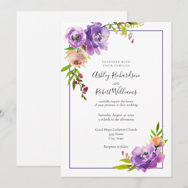 Invitación Morado acuarela morado Boda floral (Anverso / Reverso)