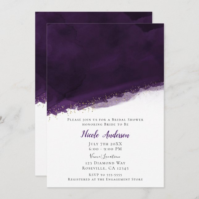 Invitación Morado acuarela oro Moda moderna ducha de novia (Anverso / Reverso)
