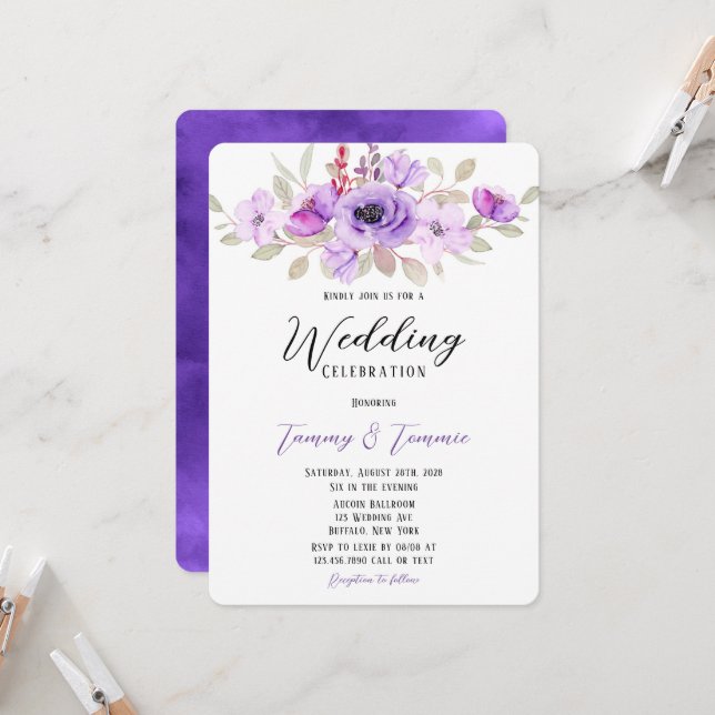 Invitación Morado Acuarela Peony Flores Boda Ducha Inv (Anverso/Reverso In Situ)