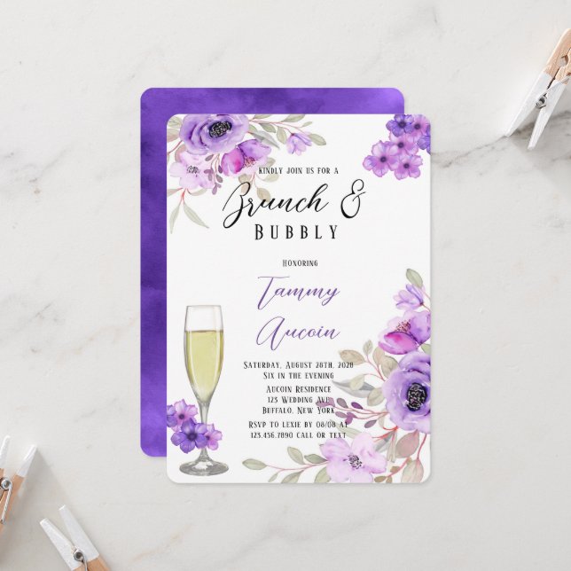 Invitación Morado acuarela Peony Flores Brunch & Bubbly (Anverso/Reverso In Situ)