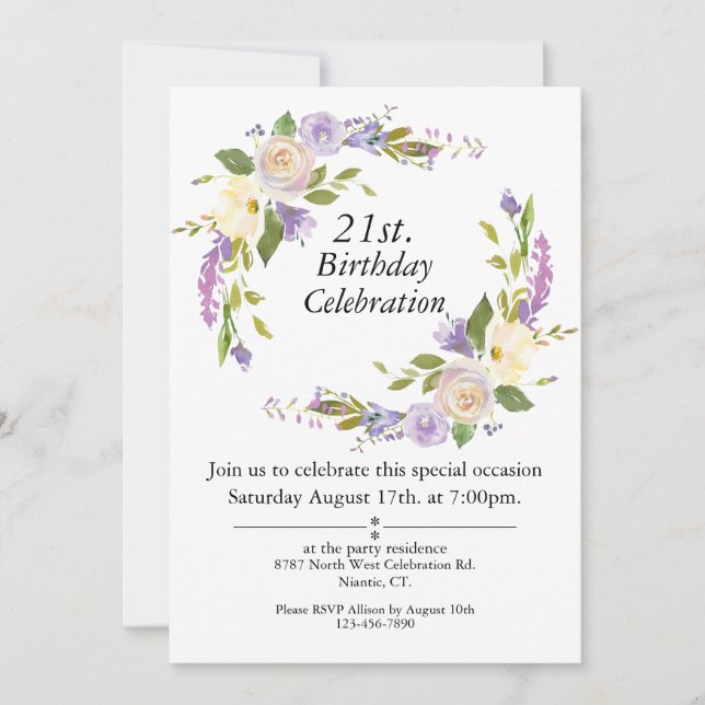 Invitación Morado acuarela Personalizable floral 21 cumpleaño (Anverso)