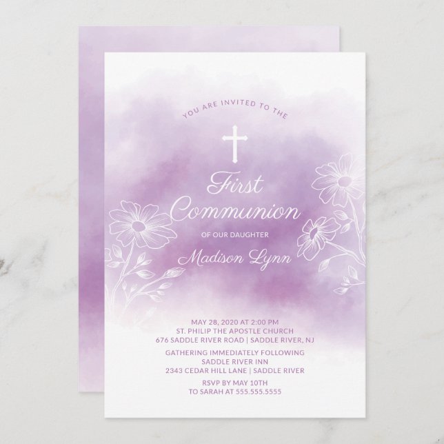 Invitación Morado acuarela primera comunión sagrada (Anverso / Reverso)