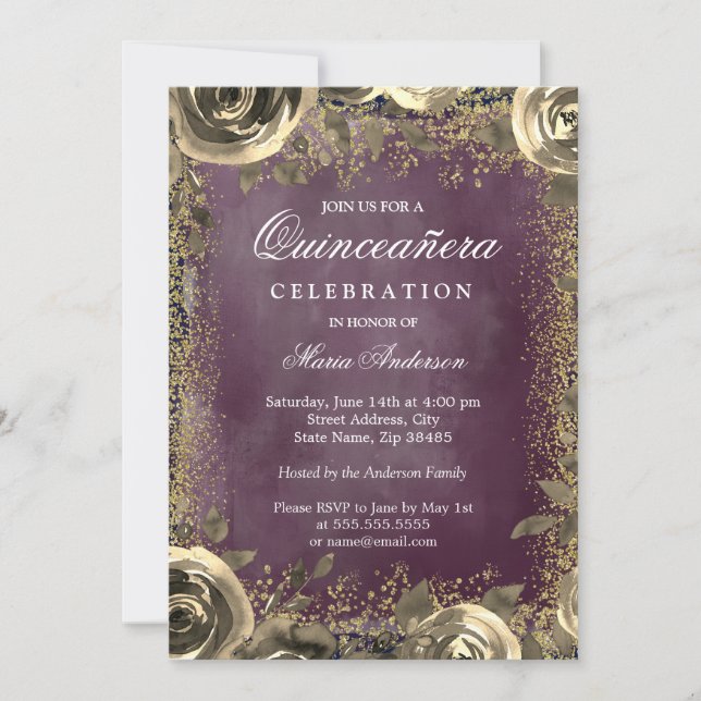 Invitación Morado acuarela Purpurina dorado Floral Quinceaner (Anverso)