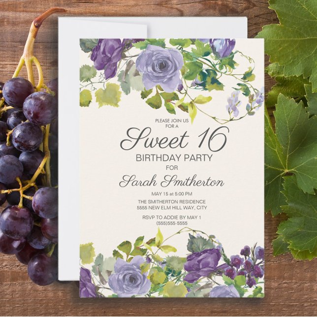 Invitación Morado acuarela Vinos florales Dulce 16 (Purple floral and vines Sweet 16 birthday party invitation)