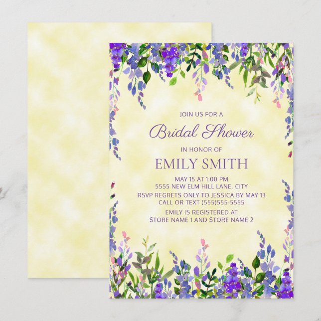 Invitación Morado amarillo acuarela Floral Brillante (Anverso / Reverso)