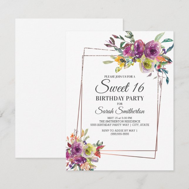 Invitación Morado Amarillo Acuarela Floral Dulce Geométrico 1 (Anverso / Reverso)