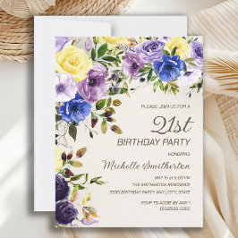 Invitación Morado Amarillo Floral 21º cumpleaños
