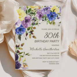 Invitación Morado Amarillo Floral 80 cumpleaños
