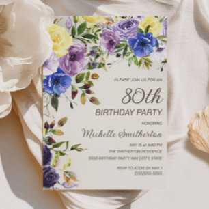 Invitación Morado Amarillo Floral 80 cumpleaños