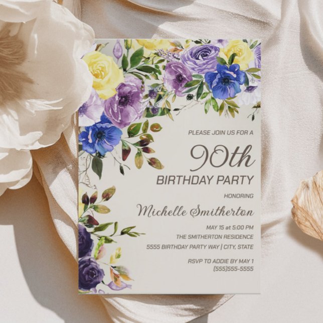Invitación Morado Amarillo Floral 90 cumpleaños (Purple and yellow watercolor floral 90th birthday party invitation)