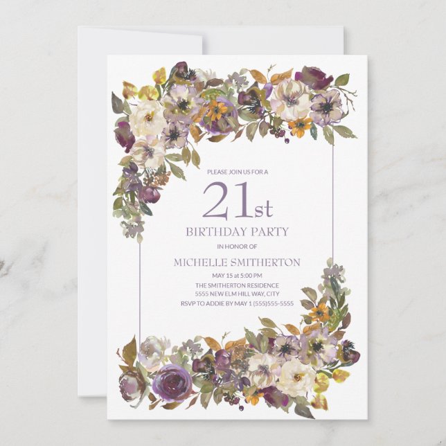 Invitación Morado Amarillo Foliage Floral 21º cumpleaños (Anverso)