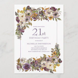Invitación Morado Amarillo Foliage Floral 21º cumpleaños