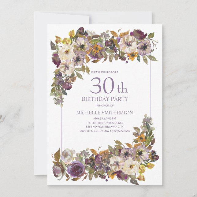 Invitación Morado Amarillo Foliage Floral 30 cumpleaños (Anverso)