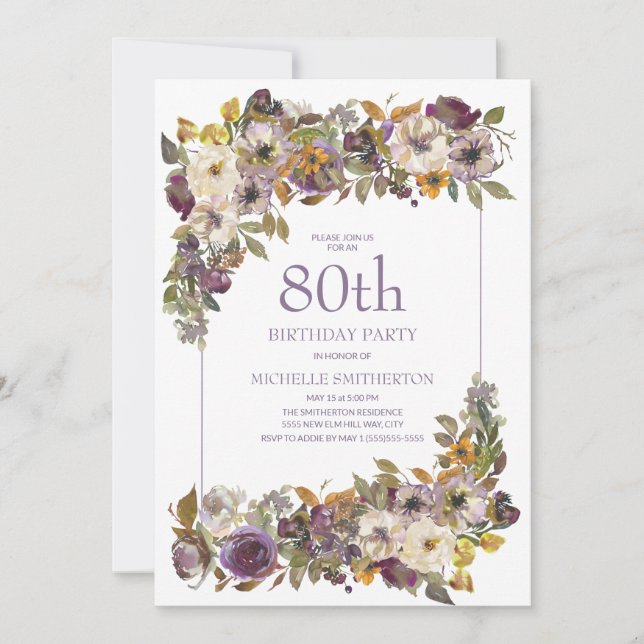 Invitación Morado Amarillo Foliage Floral 80 cumpleaños (Anverso)