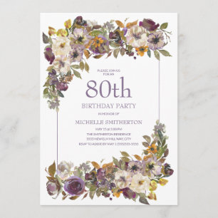 Invitación Morado Amarillo Foliage Floral 80 cumpleaños
