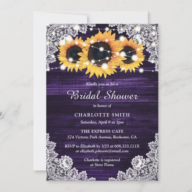 Invitación Morado Amarillo girasol Madera Lace Brilla Ducha (Anverso)