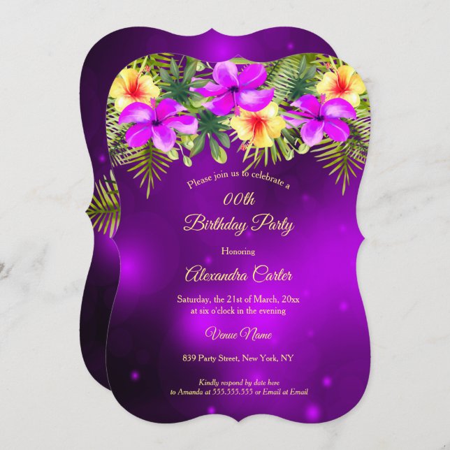 Invitación Morado amarillo Hibiscus Fiesta Floral Tropical (Anverso / Reverso)