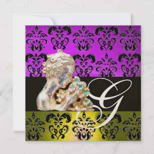 INVITACIÓN MORADO, AMARILLO, NEGRO, DAMASCO BLANCO MONOGRAMA 