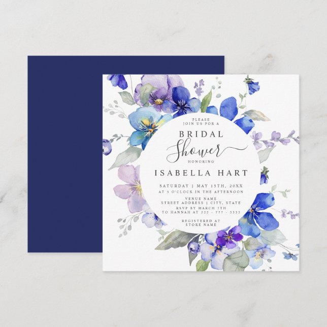Invitación Morado Azul de la Marina Viola Primavera Floral Br (Anverso / Reverso)