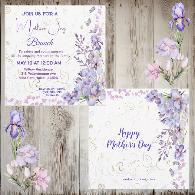 Invitación Morado Azul Iris Cute Mariposa Día de la Madre Bru (Purple Blue Iris Cute Butterfly Mothers Day Brunch Invitation)