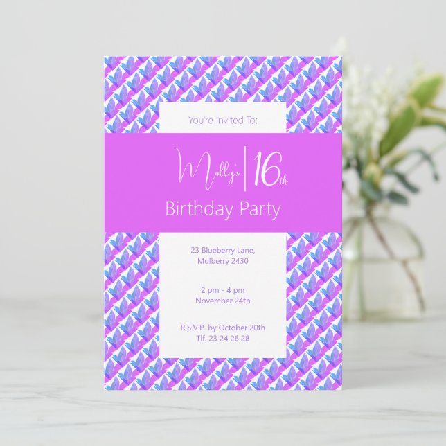Invitación Morado Azul Magnolia Morado Dulce 16 cumpleaños (Anverso de pie)