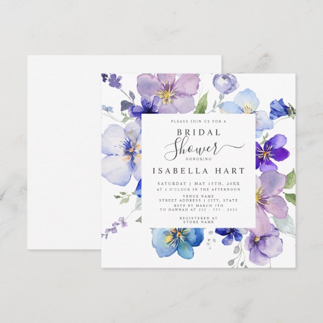 Invitación Morado azul malva pansy Viola Floral Bridal Shower (Anverso / Reverso)