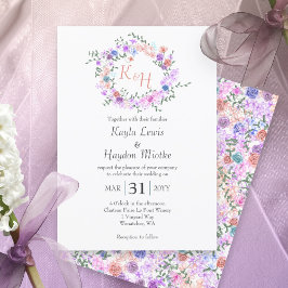 Invitación Morado, azul, rosa, Boda de Rosas Peach Wreath